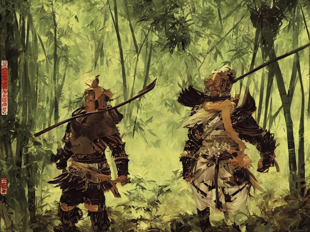 Image similar to a wandering samurai in full armor sitting in a dark bamboo forest, by huang guangjian and gil elvgren, sachin teng, greg manchess