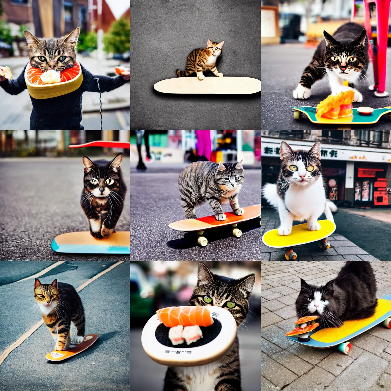 Prompt: happy cat standing on a skateboard while eating sushi, in legnica, realistic photograph