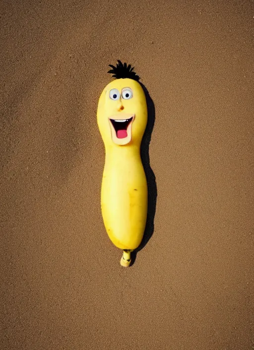 Image similar to jeff goldblum as a banana on the sand of a beach