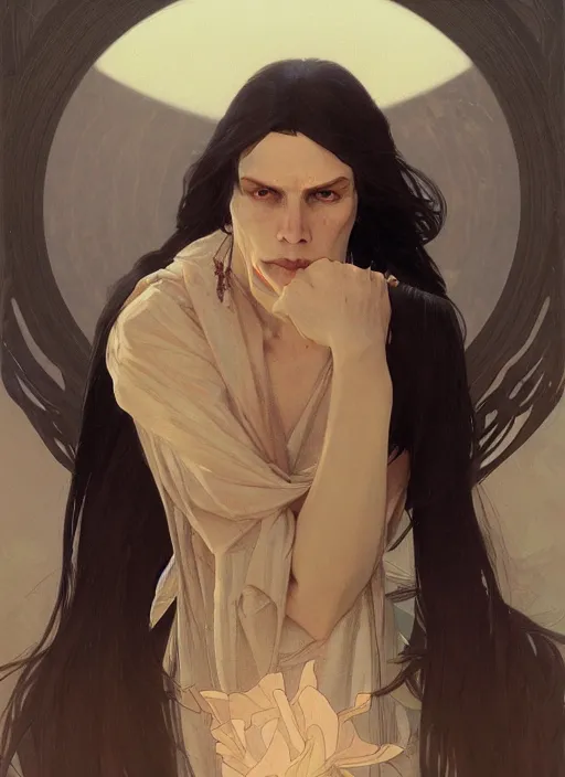 Image similar to An androgynous man with long black hair and a partially skeletal face, highly detailed, digital painting, artstation, concept art, sharp focus, illustration, art by greg rutkowski and alphonse mucha