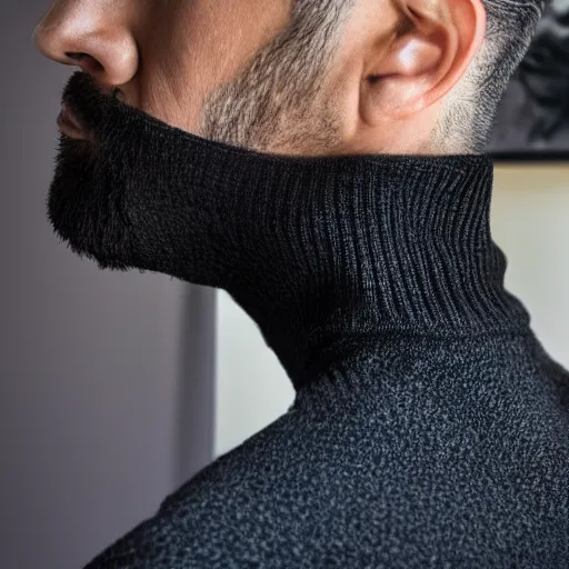 Image similar to Photo of a man wearing a black turtleneck sweater looking at the viewer