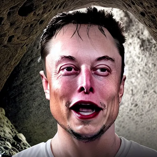 Image similar to photo inside a cavern of a wet reptilian humanoid rapper elon musk partially hidden behind a rock, with black eyes, open mouth and big teeth