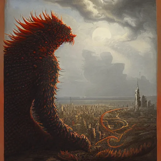 Image similar to A beautiful body art of a large, orange monster looming over a cityscape. The monster has several eyes and mouths, and its body is covered in spikes. It seems to be coming towards the viewer, who is looking up at it in fear. by John Frederick Kensett, by Jeremiah Ketner gloomy