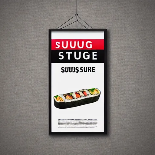 Image similar to a sleek advertisement poster for a sausage sushi, digital poster