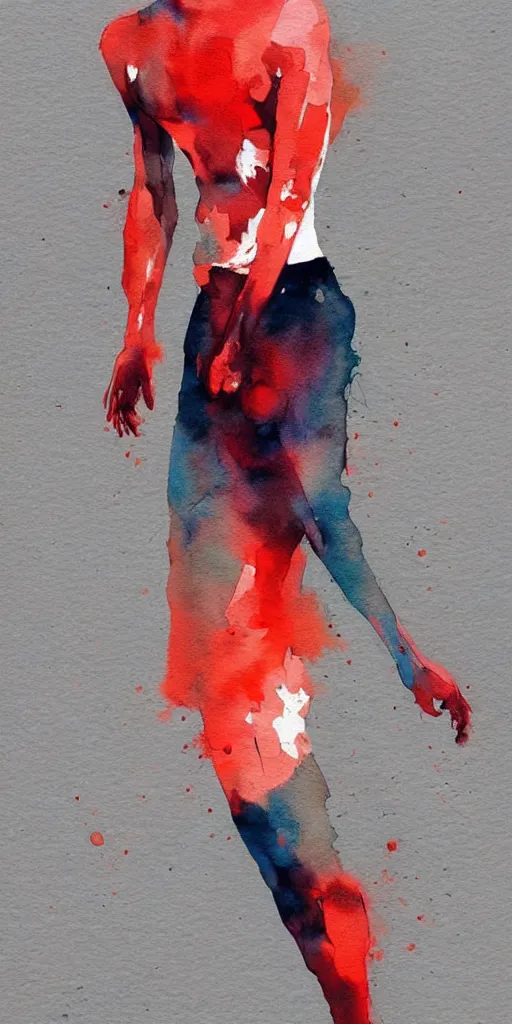 Prompt: body of one!!! athletic man posing dramatically with no face, dark background, by conrad roset, watercolor trending on artstation