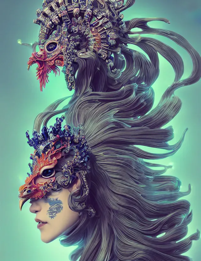 Image similar to 3 d goddess close - up profile portrait with crown, ram skull. beautiful intricately detailed japanese crow kitsune mask and clasical japanese kimono. betta fish, jellyfish phoenix, bio luminescent, plasma, ice, water, wind, creature, artwork by tooth wu and wlop and beeple and greg rutkowski