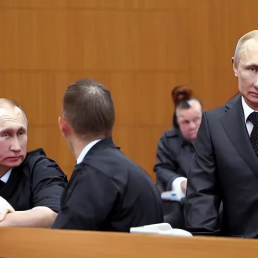 Prompt: vladimir putin wearing an orange jumpsuit on trial for war crimes court drawing