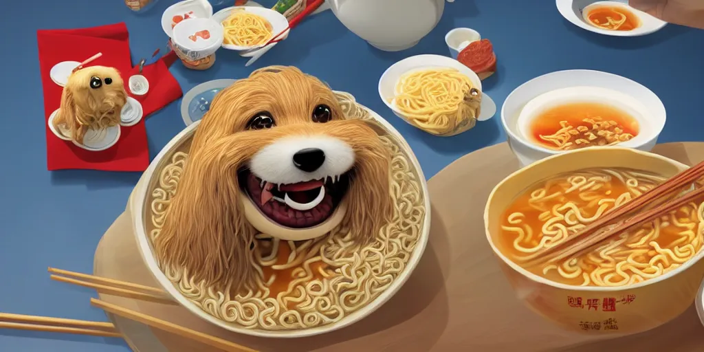 Prompt: A happy dog holding chopsticks and eating a bowl of ramen, hyper realistic, insane detail, Pixar