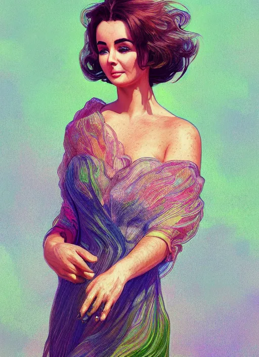 Prompt: elizabeth taylor detailed clothing, half body shot, arms down, path traced, highly detailed, high quality, digital painting, alena aenami, lilia alvarado, shinji aramaki, karol bak, alphonse mucha, tom bagshaw