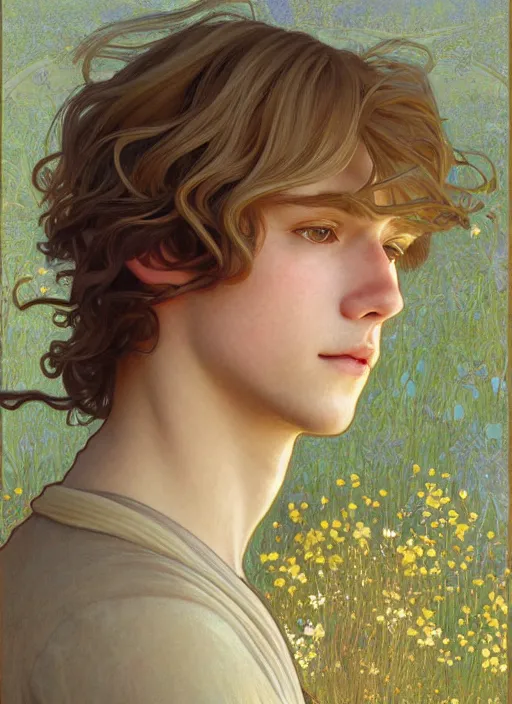 Prompt: pretty young man with shoulder length shiny shimmering golden blond hair, half body shot, decorative flowery background, path traced, highly detailed, high quality, digital painting, by studio ghibli and alphonse mucha, leesha hannigan, hidari, disney, jules bastien - lepage