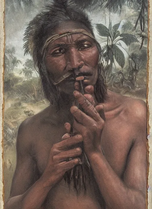 Image similar to a beautiful portrait of an indigenous man taking rapé in the jungle, taking tobacco snuff, praying with tobacco, mysterious atmosphere, fantasy art, matte painting, highly detailed