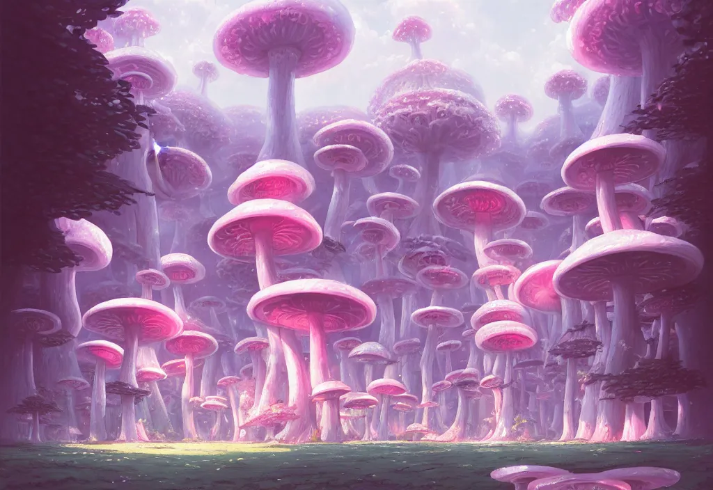 Image similar to a small chubby pink futuristic castle in a forest of giant white mushrooms, intricate oil painting, high detail illustration, sharp high detail, manga and anime 1 9 9 9, official fanart behance hd artstation by jesper ejsing and makoto shinkai, 4 k,