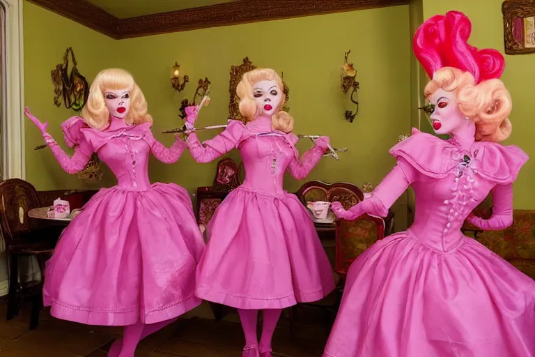 Prompt: Angelyne fights a clone of herself in the tea room, painted by mark ryden