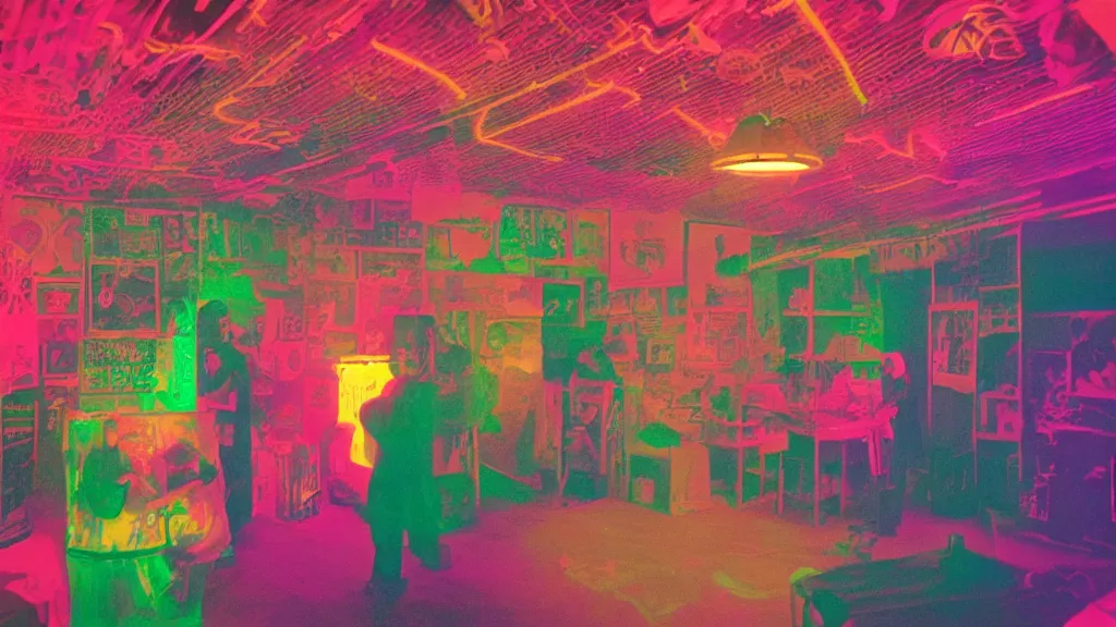 Prompt: 1970s color magazine photo of fluorescent ephemera glowing by blacklight, wall covered in neon posters, in an attic