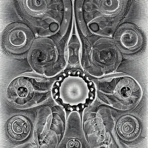 Image similar to a black and white drawing of a variety of sea life, a microscopic photo by ernst haeckel, zbrush central, kinetic pointillism, bioluminescence, intricate patterns, photoillustration