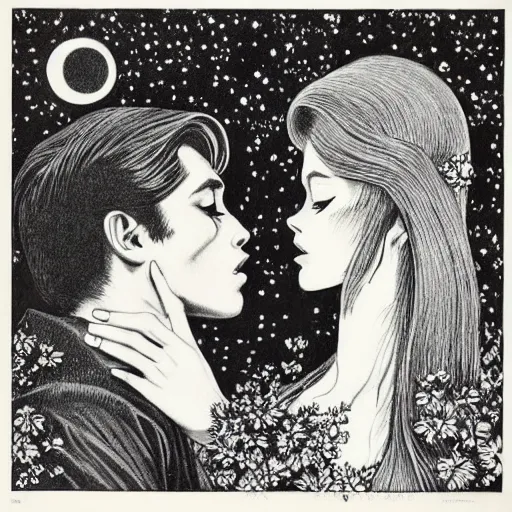 Image similar to 1 9 6 0 s drawing symmetrical pretty elegant brigitte bardot as a vampire kissing alain delon, very detailed intricate!!! intaglio, style of ( takato yamamoto )!!!, moon and stars and flowers tree