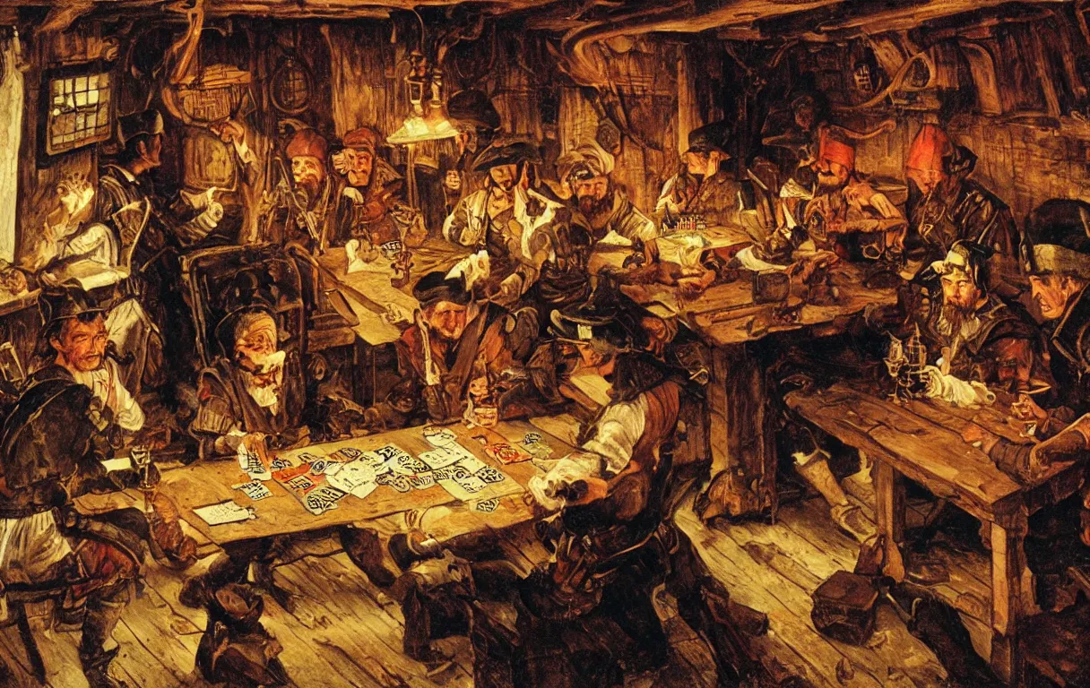 Image similar to a painting of a pirates playing cards in a cabin of a 16th century galley, dark lighting, by Norman Rockwell