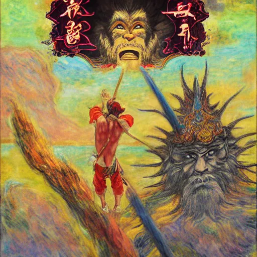 Image similar to Sun Wukong vs god, Journey to the west, 4k, art by Claude Monet