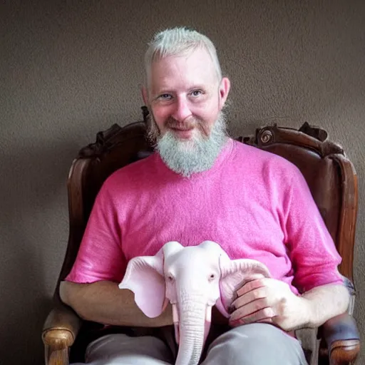 Image similar to Photo of a man on a chair with his pink miniature elephant on his lap
