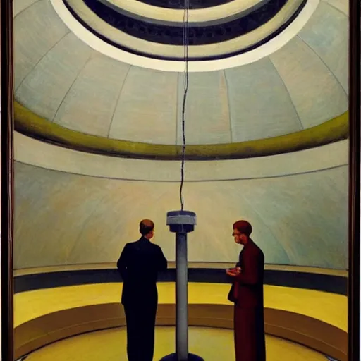 Prompt: scientists inspecting a giant mechanical eye in a dome - shaped control center, grant wood, pj crook, edward hopper, oil on canvas