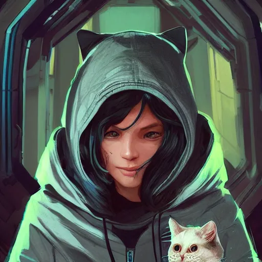 Prompt: a pale young girl with black hair, 1 8, in a hoodie, and a cat, apex legends character, digital illustration portrait design, by android jones and greg rutkowski, retrowave color scheme, detailed, cinematic lighting, wide angle action dynamic portrait