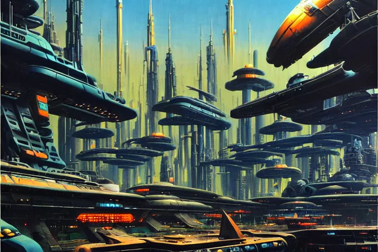 Prompt: a sci - fi futuristic majestic amusement park, cyberpunk, by chesley bonestell, by john berkey, by dean ellis, by peter elson, by ed emshwiller, oil on canvas, masterpiece, trending on artstation, featured on pixiv, brilliant lighting, sharp, detailed, hd,