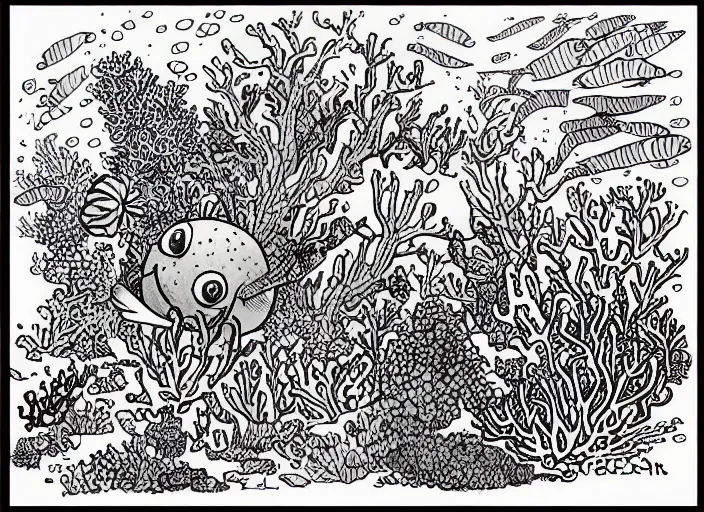 illustration of a coral reef, (inktober), line art