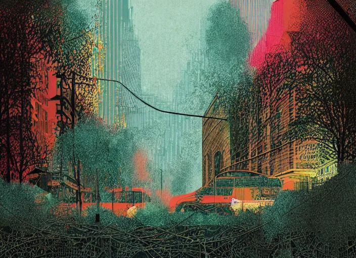 Image similar to city covered in overgrowth, colorful, Mads Berg, Karolis Strautniekas, stippled light, editorial illustration, detailed,fine texture, textured, matte print