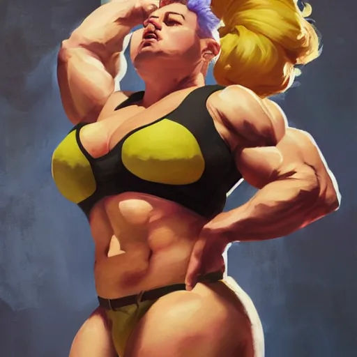 Image similar to greg manchess portrait of thick muscular weightlifter zarya from overwatch with ponytail and blond hair sleeping on bed, medium shot, asymmetrical, profile picture, organic painting, sunny day, matte painting, bold shapes, hard edges, street art, trending on artstation, by huang guangjian and gil elvgren and sachin teng