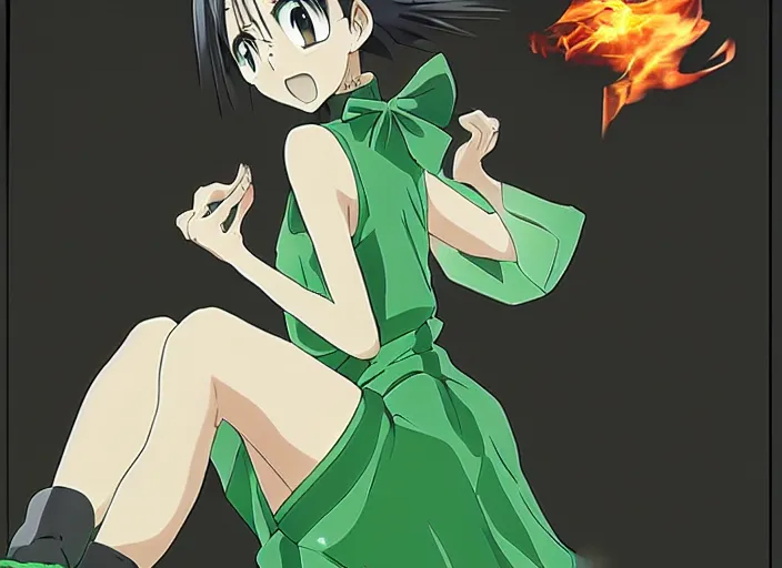 Prompt: in the style of Madhouse anime, female is beautiful green dress, elegant pose, fire circling her