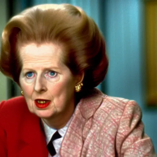 Prompt: A movie still of Margaret Thatcher in Back to the Future