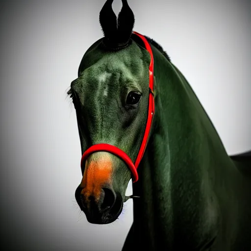 Prompt: green muscular being with no nose bald has big eyes small pupils riding a horse that is humanoid, photograph studio lighting portrait photography 8 k