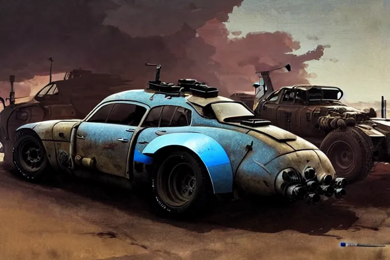 Image similar to dieselpunk mad max alpine a 1 1 0 with guns installed, painted by greg rutkowski makoto shinkai takashi takeuchi studio ghibli, akihiko yoshida