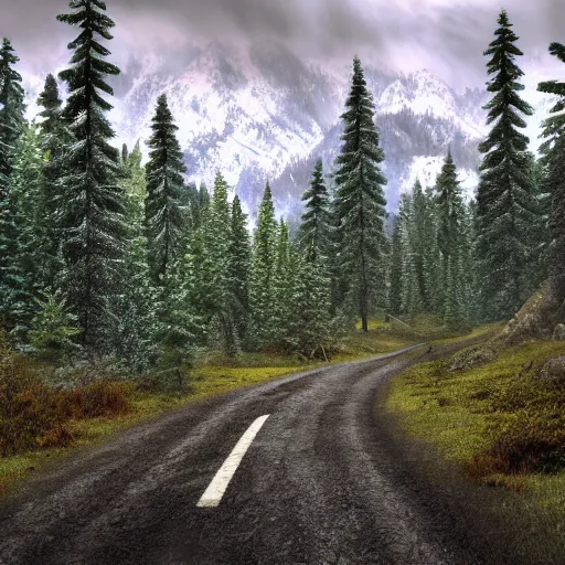 Prompt: rainy forest with tall snowy mountains in the background, hyper realistic, ultra detailed, trending on artstation