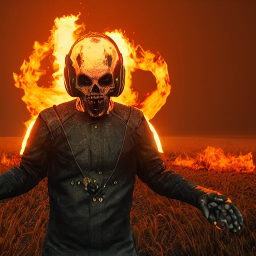 Image similar to hell raiser, field of view, depth of field, artstation, unreal 5, octane render, backlight, vfx, flames, symmetrical features, manic, true to character, epic, motorcycle, movie star, skull, - w 8 3 2