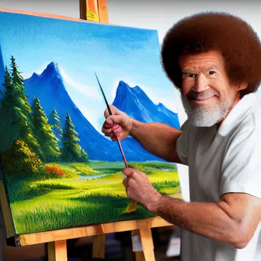 Image similar to a closeup photorealistic photograph of bob ross working on a canvas painting of cookie monster. film still. brightly lit scene. mountains and trees. this 4 k hd image is trending on artstation, featured on behance, well - rendered, extra crisp, features intricate detail, epic composition and the style of unreal engine.