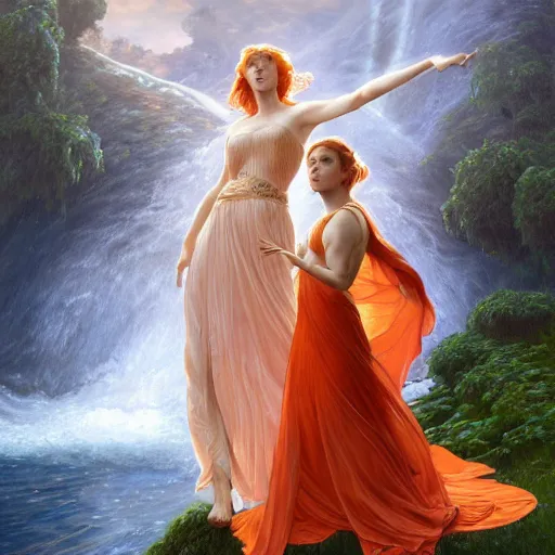 Image similar to a highly detailed byzantine painting of scarlett johansson and emma watson as red haired queens walking through a waterfall in a gossamer thin orange dress, epic fantasy, stormy night, viewed in profile from far away, ultrawide lens, art by artgerm and greg rutkowski and alphonse mucha, volumetric lighting, 4 k resolution, trending on artstation, masterpiece