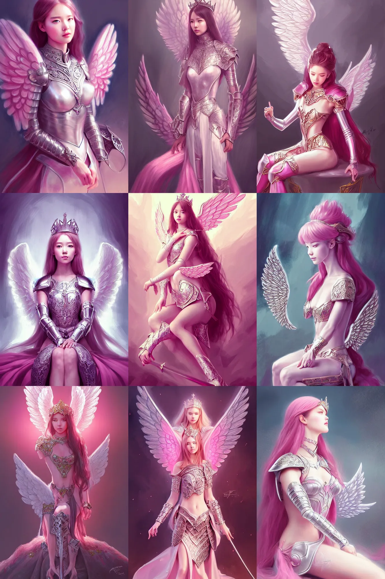 Prompt: gorgeous!! hyper - realistic princess wearing ornate pink knight armor, angel wings l sitting at the thrown | concept art, illustration | drawn by wlop, drawn by jeehyung lee, drawn by artgerm