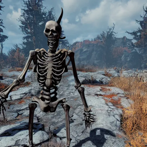 Image similar to Dangerous skeleton creature with horns in fallout 76, photograph, high quality, detailed, sharp