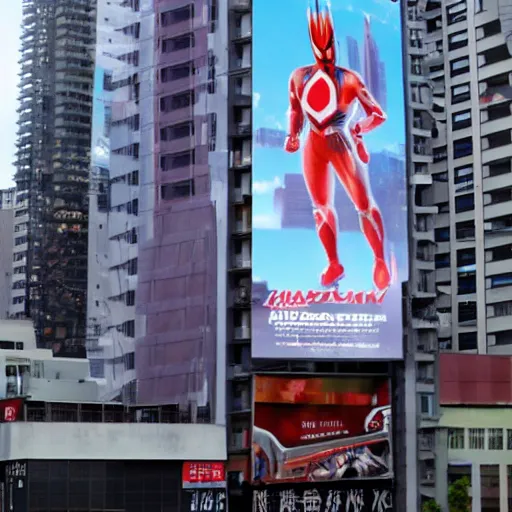 Prompt: Ultraman billboard on a skyscraper, realistic,