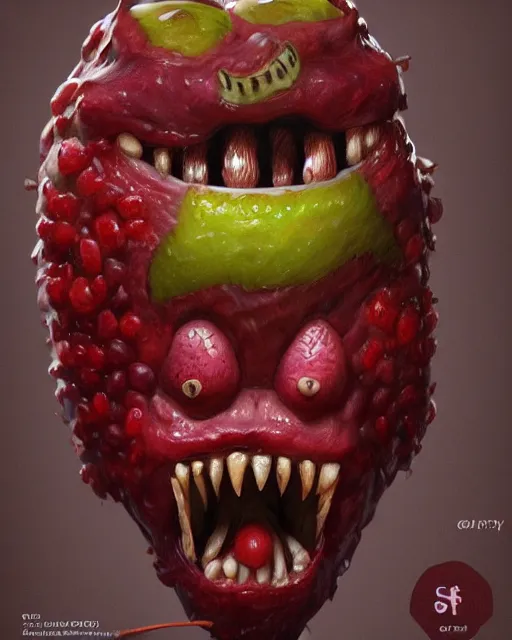 Prompt: a fruit figurine monster made of different fruit, very detailed eyes, very detailed mouth, concept art, oil painting, highly detailed, dramatic lighting, hyperrealistic, 8 k, artstation, cgsociety