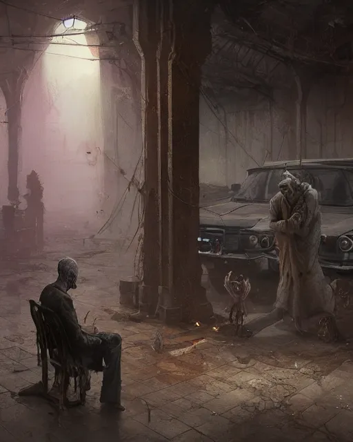 Image similar to a highly detailed epic cinematic concept art CG render digital painting artwork: A dead old man playinh chess with a Ethereal fog creature in a decayed gas station. volumetric lighting. By Greg Rutkowski, in the style of Francis Bacon and Syd Mead and Norman Rockwell and Beksinski, open ceiling, highly detailed, painted by Francis Bacon and Edward Hopper, painted by James Gilleard, surrealism, airbrush, Ilya Kuvshinov, WLOP, Stanley Artgerm, very coherent, triadic color scheme, art by Takato Yamamoto and James Jean