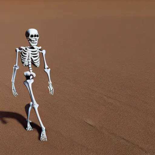 Image similar to 3 d render, skeleton, wearing a sun hat with a flower in it, walking in a desert, hd
