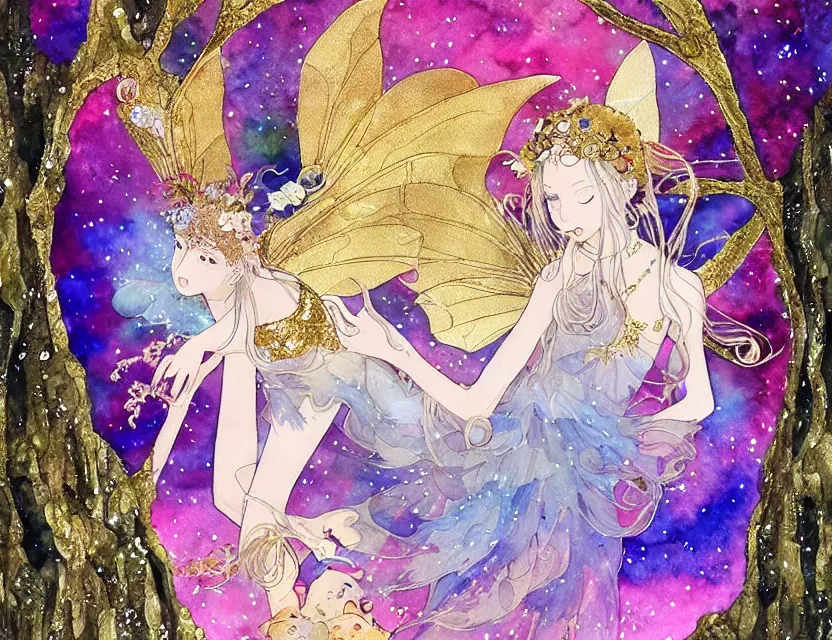 Image similar to faerie bear in a crystal cave. this watercolor and gold leaf work by the award - winning mangaka has a beautiful composition and intricate details.