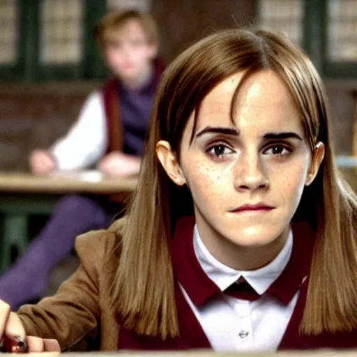 Prompt: Still from Harry Potter movies, Emma Watson using a computer during school