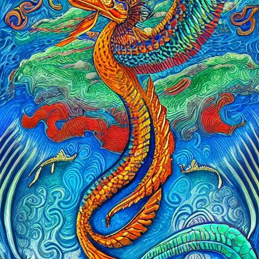 Image similar to quetzalcoatl in the ocean, extreme vivid colors, abstract realism, highly ornate intricate details, 1 9 2 0's colored pencil, 4 k, cinematic lighting,