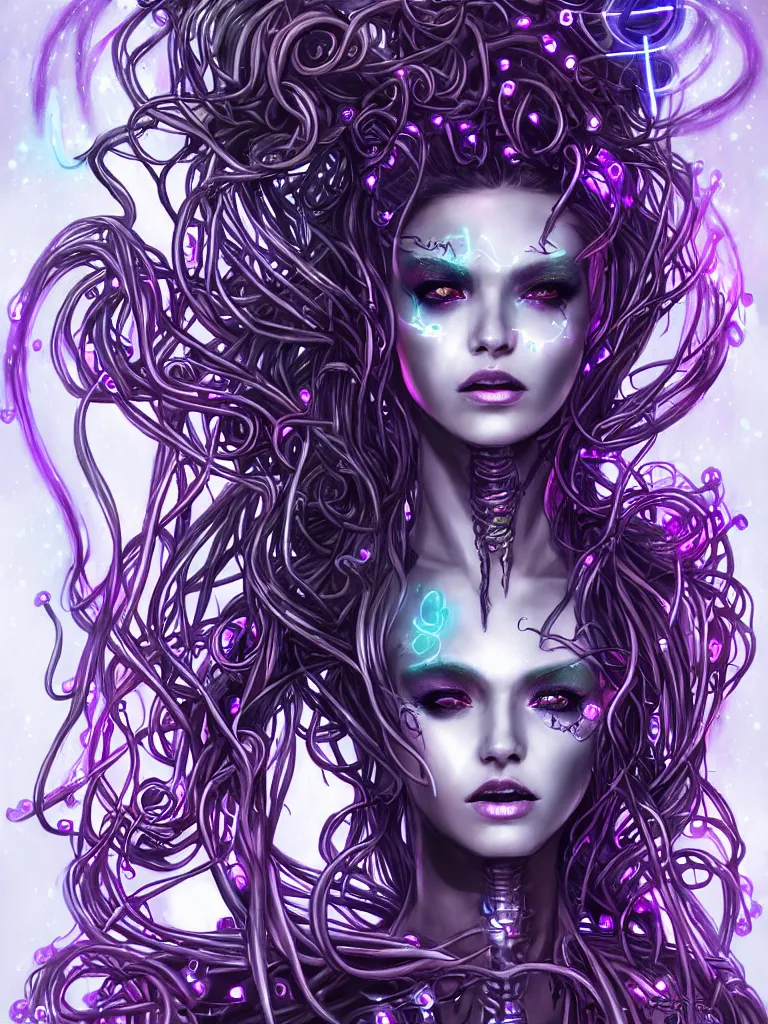 Image similar to half body portrait of a beautiful cyber witch medusa, in a cyberpunk garden, mystic unity, elegant pose, body covers with neon crystals, detailed sketch drawing, concept art, star wars