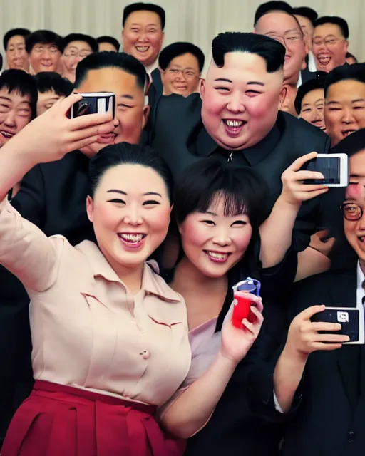 Prompt: phone photo of excited fans taking picture with Kim Jong-Un at a exclusive backstage meet and greet, realistic, 4k, 8k
