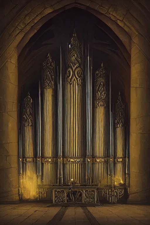 Prompt: pipe organ in an arch, obsidian walls with gold trim, close up, by peter mohrbacher dan mumford craig mullins nekro, cgsociety, pixiv, volumetric light, 3 d render
