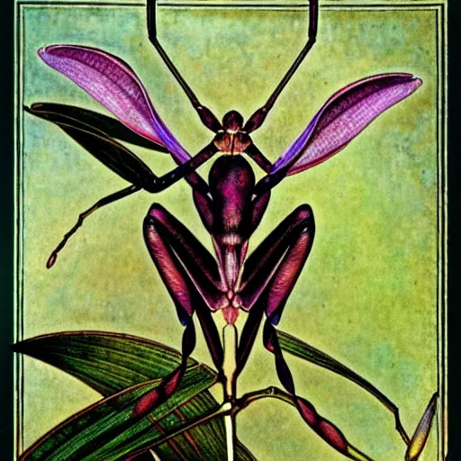Prompt: potrait of an orchid mantis by William Morris and Carlos Schwabe, horizontal symmetry, exquisite fine details, Art Nouveau botanicals, deep rich moody colors